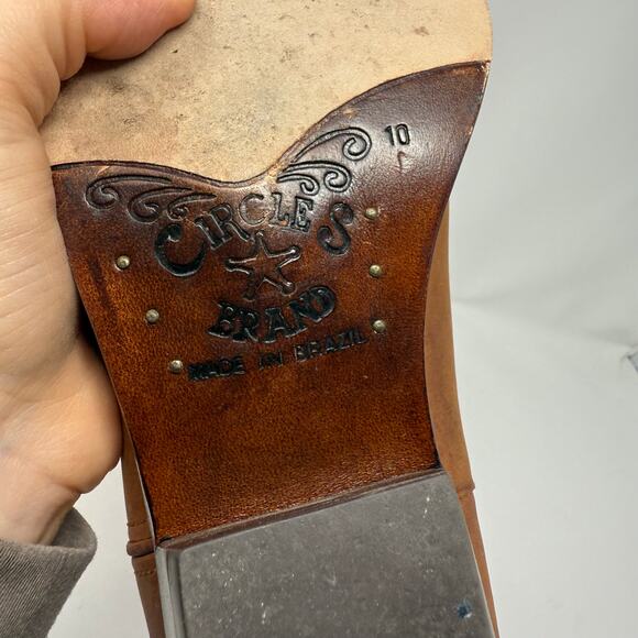 Vintage Circle S Western Cowboy Boots Brown Leather Green Inlay Pointed Toe 10 - Picture 7 of 8